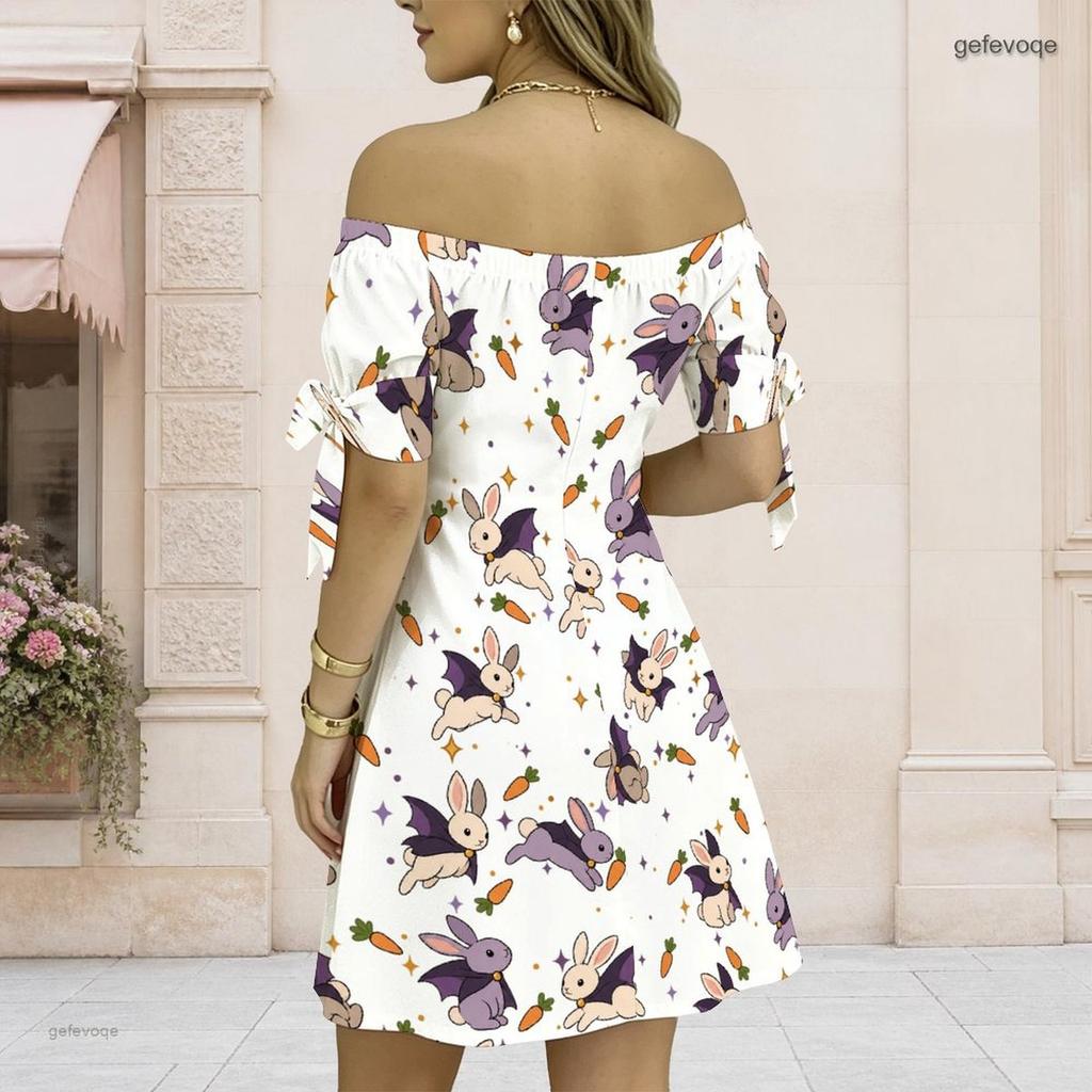 Women Plus Size Off Shoulder Short Sleeve Tie Cuff Cartoon Printed White A Line Dress