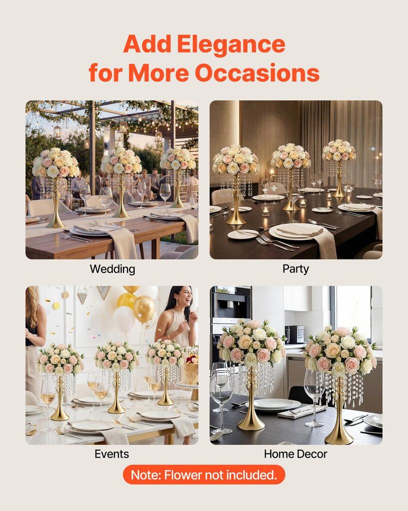 20 PCS Wedding Flower Vase, 33.5 cm Tall Flower Table Centerpieces, Crystal Banquet Vases Easy Installation, Electroplated Finish, Versatile