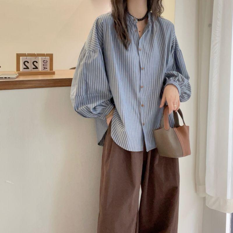 Женская рубашка в полоску в японском стиле на пуговицах, повседневная для работы, с воротником-стойкой, блузка с длинным рукавом, свободные топы, блузы для женщин
