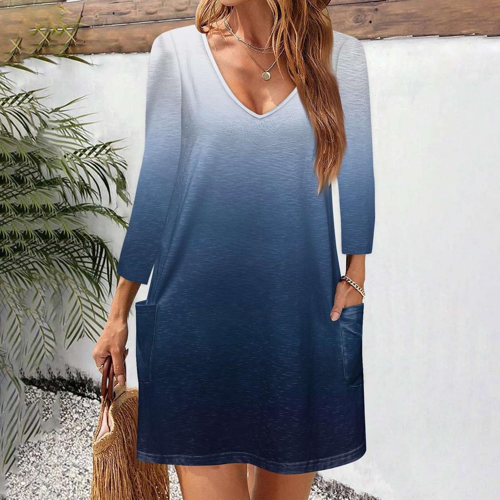 Women's Casual And Fashionable V-neck Gradient Printed Pocket 3/4 Sleeve Loose Fitting Dress