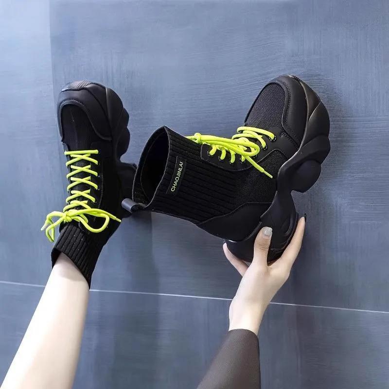 Осень 2024 женские ботильоны-носки модные ботильоны на шнуровке с круглым носком на платформе туфли в стиле панк женские элегантные короткие ботильоны