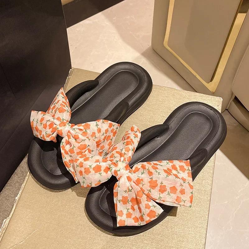 2024 Летние женские шлепанцы EVA с бантами, мягкие нескользящие женские тапочки Cloud, пляжная женская обувь, повседневные тапочки на плоской подошве, шлепанцы