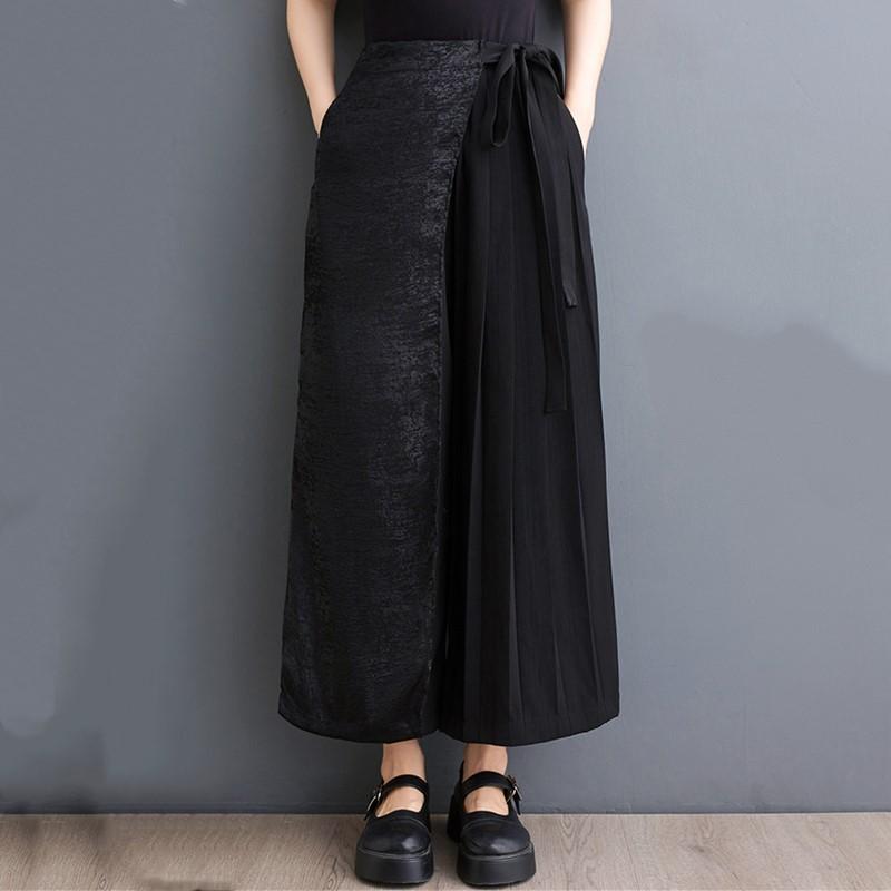 Black Plus Size Vintage Pleated High Waist Casual Loose Summer Wide Leg Pants Women Trousers