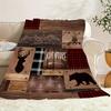 1pc of Comfortable Adventure Flannel Blanket Featuring a Deer Head and Bear Pattern, Creating a Rich Natural Wilderness Vibe. Perfect for Ou