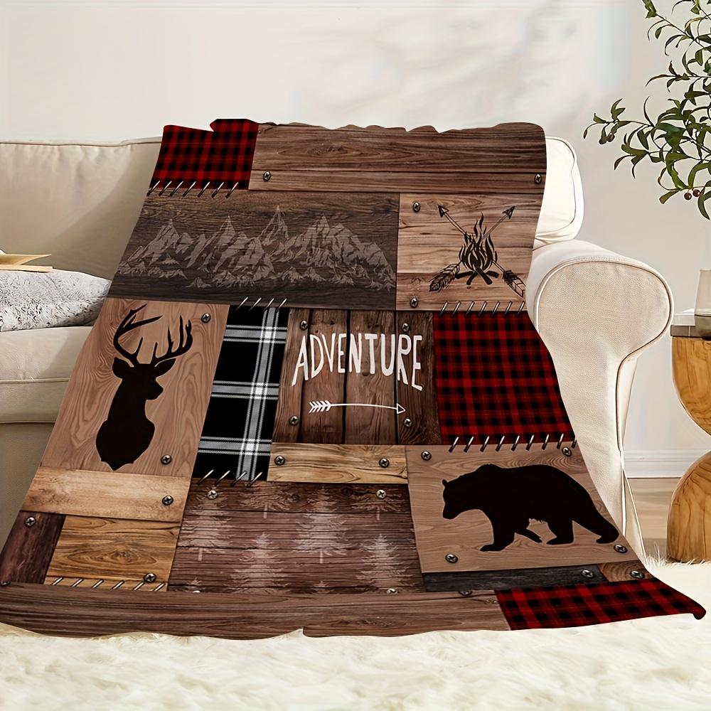 1pc of Comfortable Adventure Flannel Blanket Featuring a Deer Head and Bear Pattern, Creating a Rich Natural Wilderness Vibe. Perfect for Ou