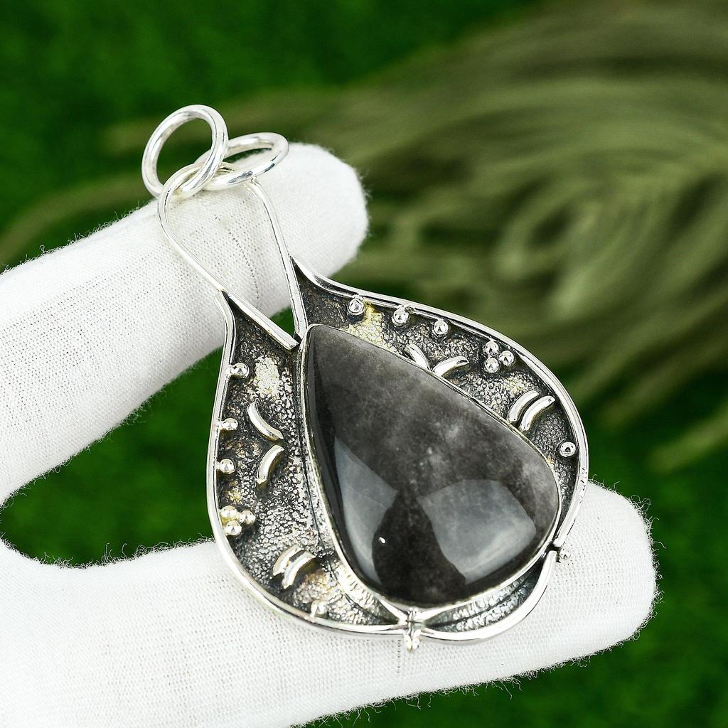 Sterling Silver Pear Silver Sheen Obsidian Stone Bezel Birthday Pendant Jewelry