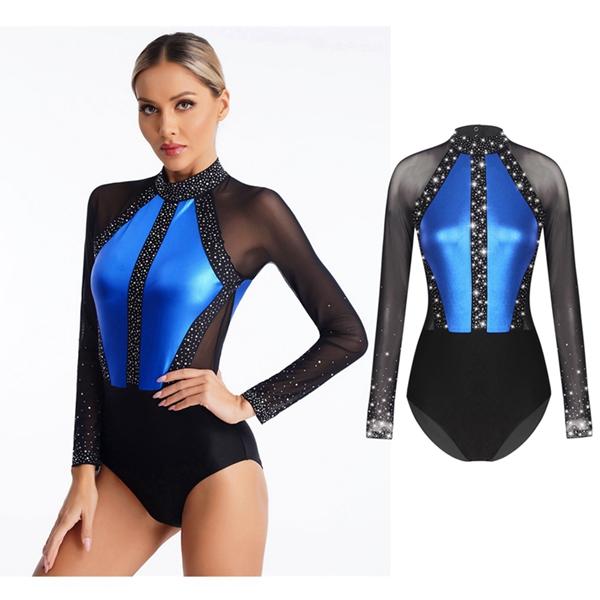Для женщин сверкающие стразы латинский комбинезон для соревнований по гимнастике балет с длинными рукавами сетчатый боди нарядное платье для катания на коньках