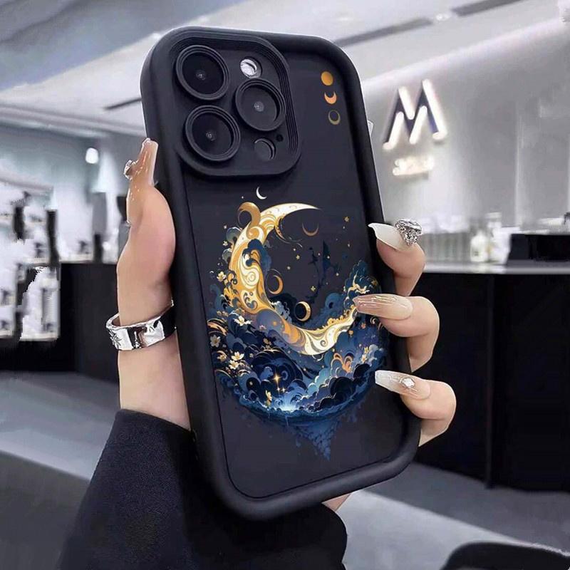Starry Night Black Cat Moon Wave Silhouette Art Phone Case for iPhone 17 16 15 14 13 12 11 Series Pro Max Plus