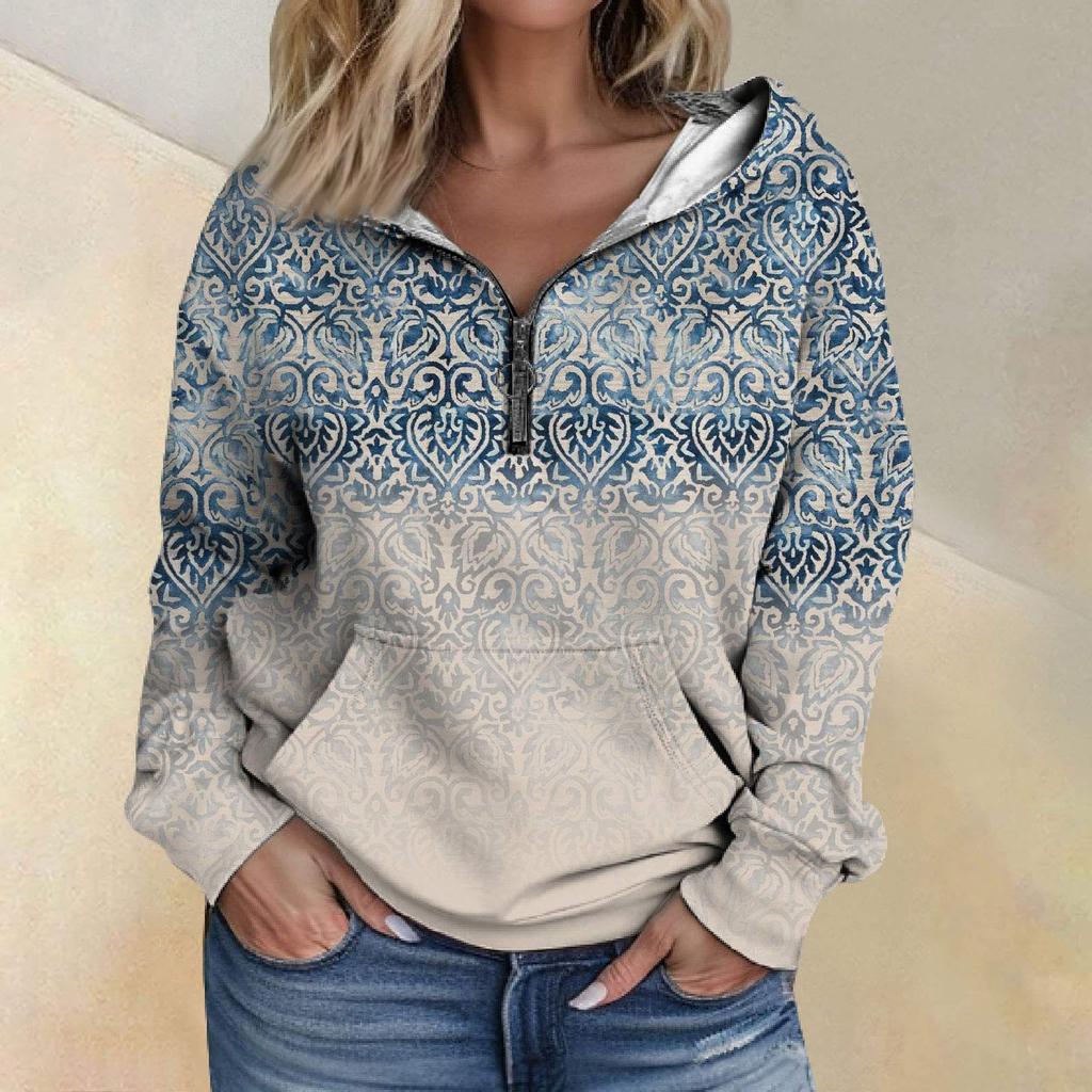 Women's Fashion Printing Long Sleeve Loose Half Zippered Hoodie With Pockets
