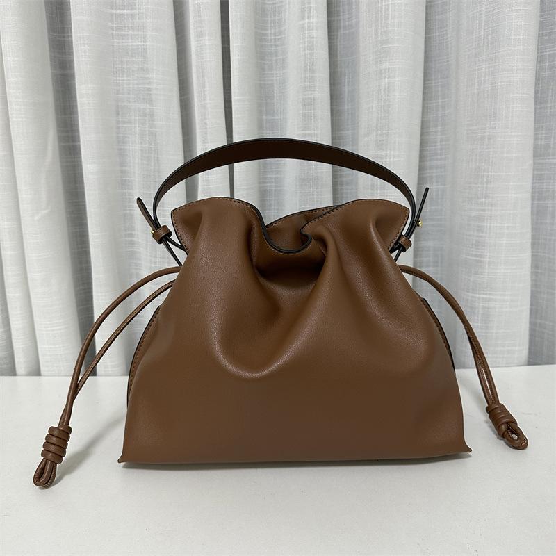 New Soft Cowhide Drawstring Lucky Bag Bucket Bag Size Single Shoulder Crossbody Bag Multi-functional Pleated Bag