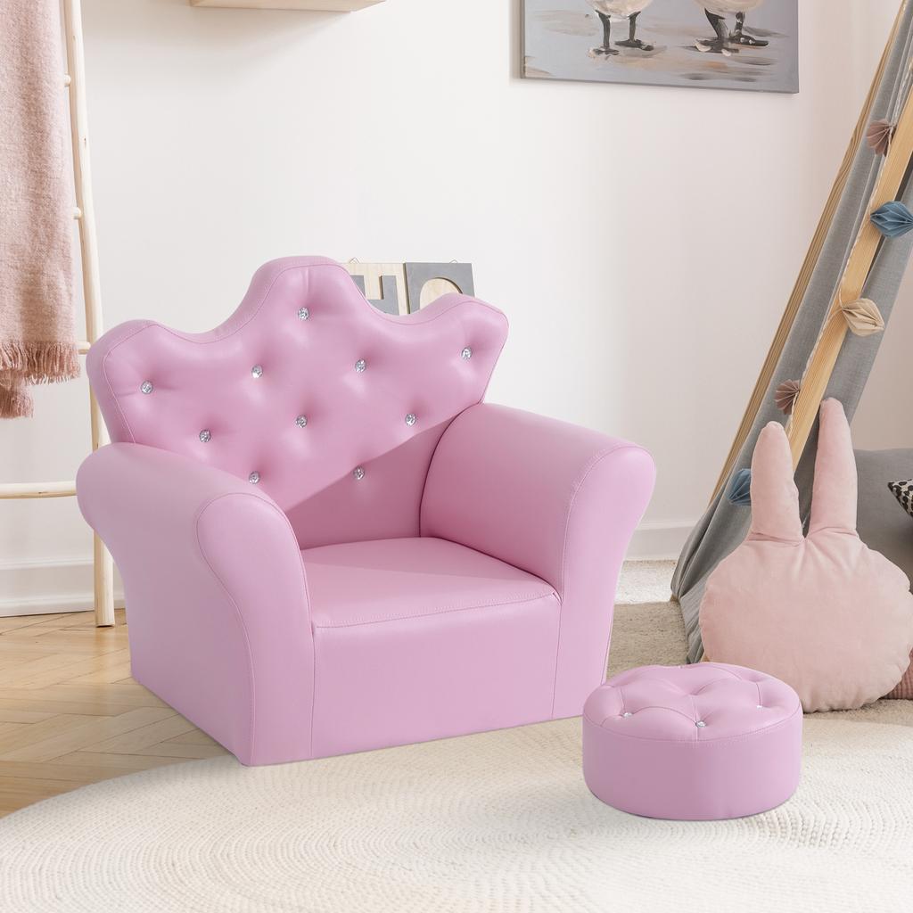 Children Kids Sofa Set Armchair Chair Seat with Free Footstool PU Leather for Girls 58L x 40.5W x 49H cm Pink