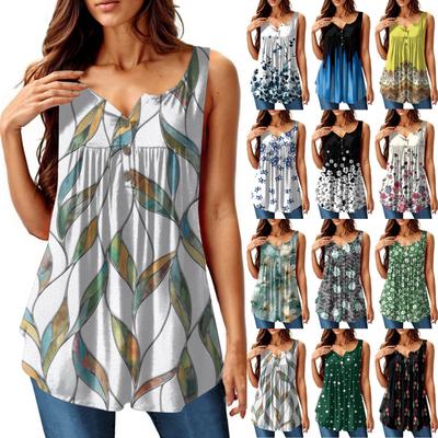 Женская мода плиссированная безрукавка повседневная футболка жилет топ на пуговицах