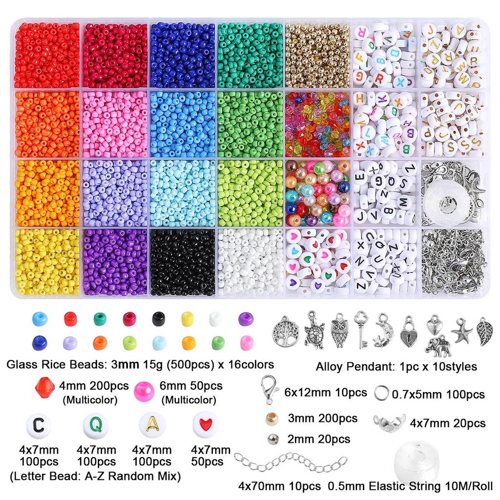 28-Compartment 3mm Seed & Letter Bead Set for DIY Handmade Beaded Bracelets and Necklaces