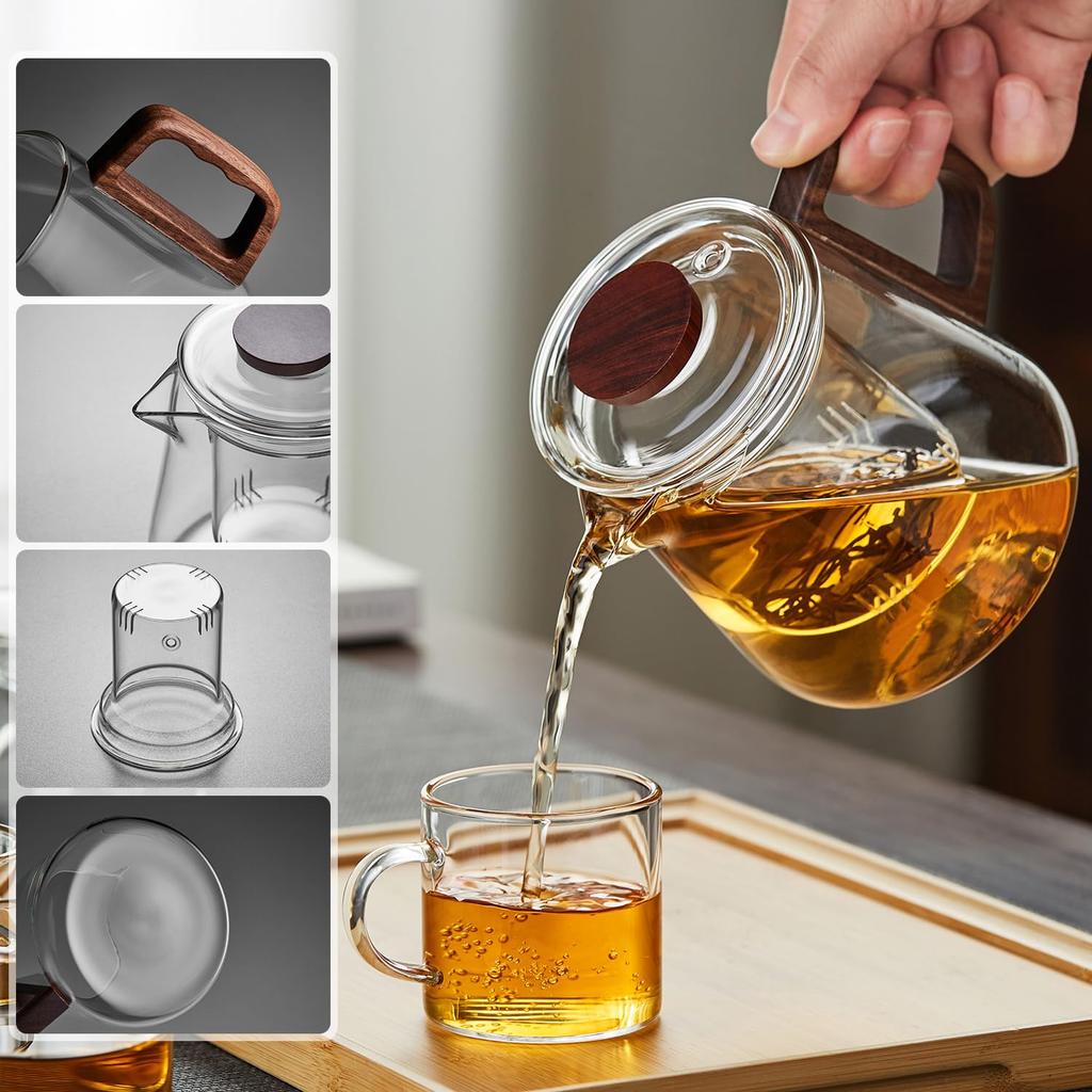 Pokaro Tea Heat-Resistant Glass Teapot, 650ml, with Lid, Wooden Handle, and Glass Tea Strainer, Stovetop-Safe, Handmade, with Black Tea Pods, Boiling