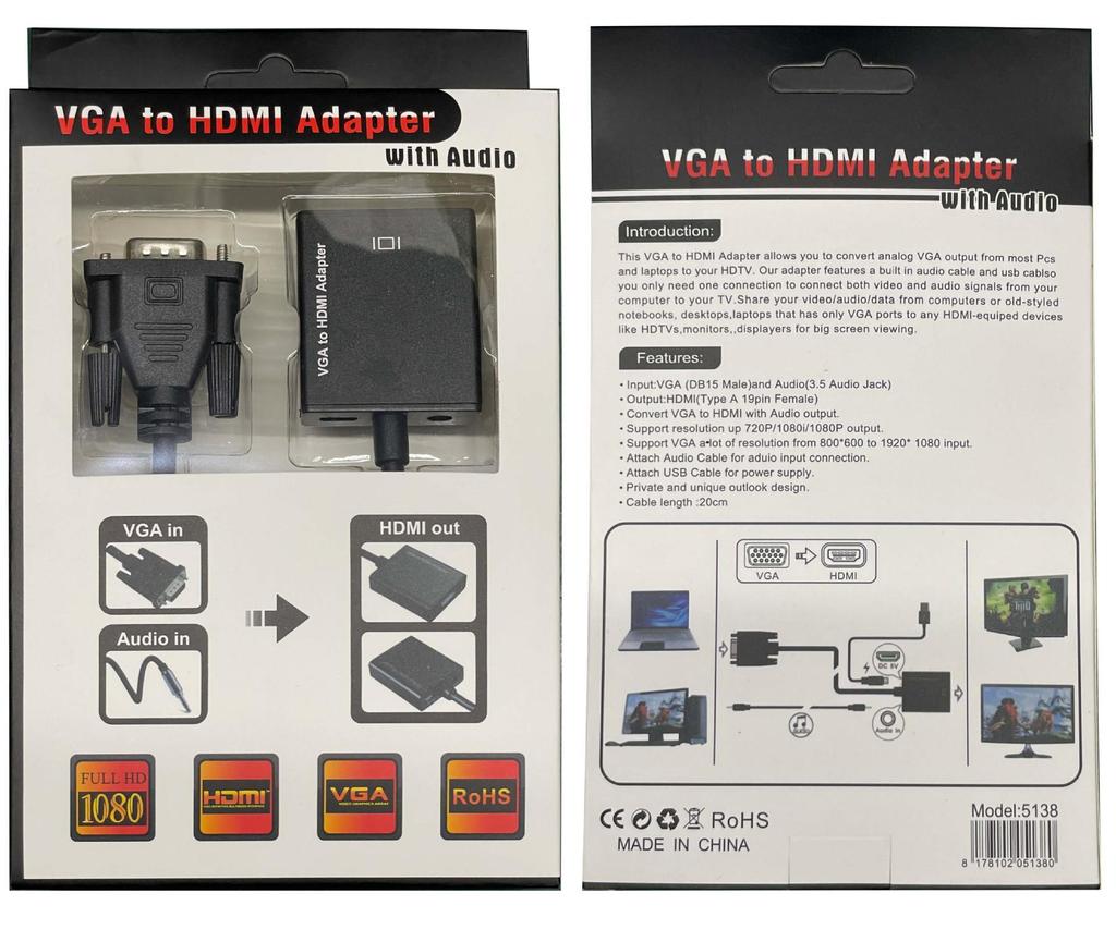 Кабель-адаптер VGA (папа) - HDMI (мама) с аудио для настольного дисплея