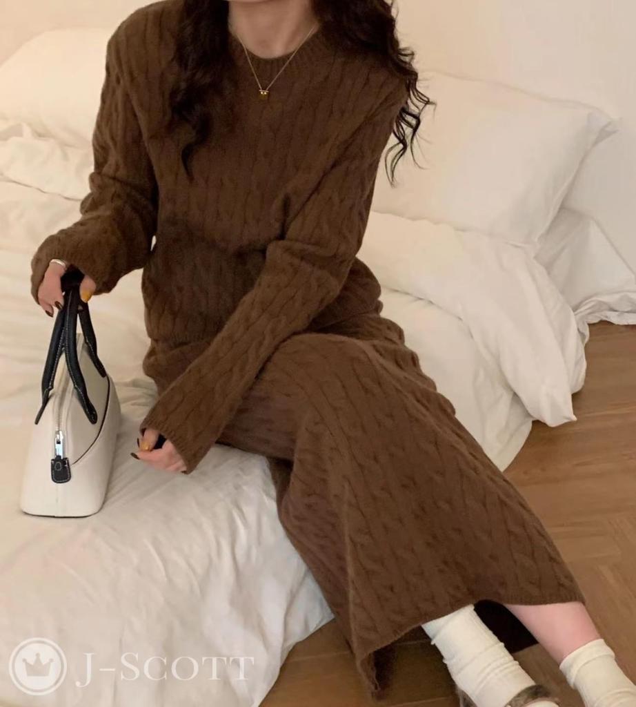 Женский трикотажный костюм-двойка J-Scott с арановым узором и длинной юбкой, силуэт I, коричневый (JS117-BR-XL) - Ограниченный запас