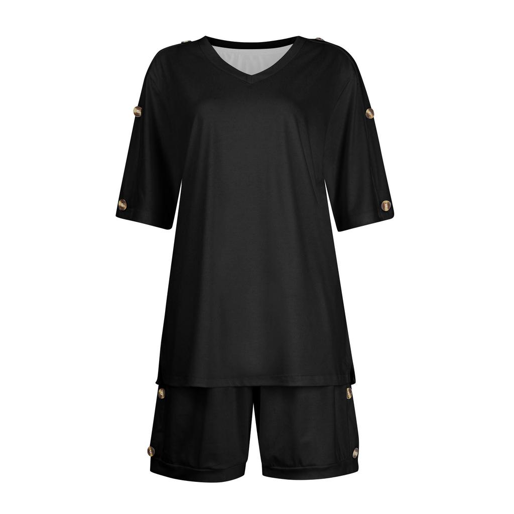 Женские футболки, футболки, шорты, комплекты с графикой, повседневные однотонные комплекты с V-образным вырезом, стандартная посадка