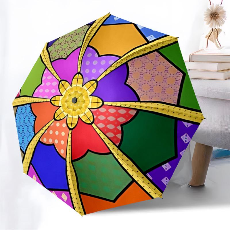 1pc Patchwork Quilt Pattern Automatic Folding Umbrella, Casual Outdoor Accessory, Birthday Festival Gift yy251126158