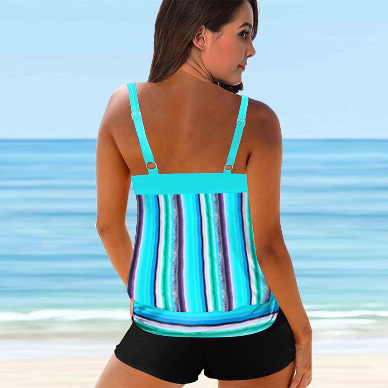 Женский купальник с бретелями, синий купальник в вертикальную полоску с принтом, бикини, купальник-танкини