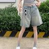 HWomen Denim Shorts High Waist Vintage Washed Straight Wide Leg Pure Color Button Zipper Closure Streetwear Knee Length Jeans Short Pants