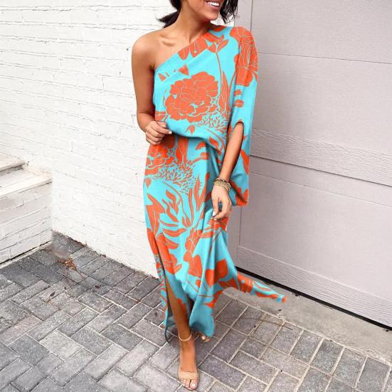 Женское платье макси на одно плечо с рукавами «летучая мышь» и цветочным принтом, длинное платье с разрезом