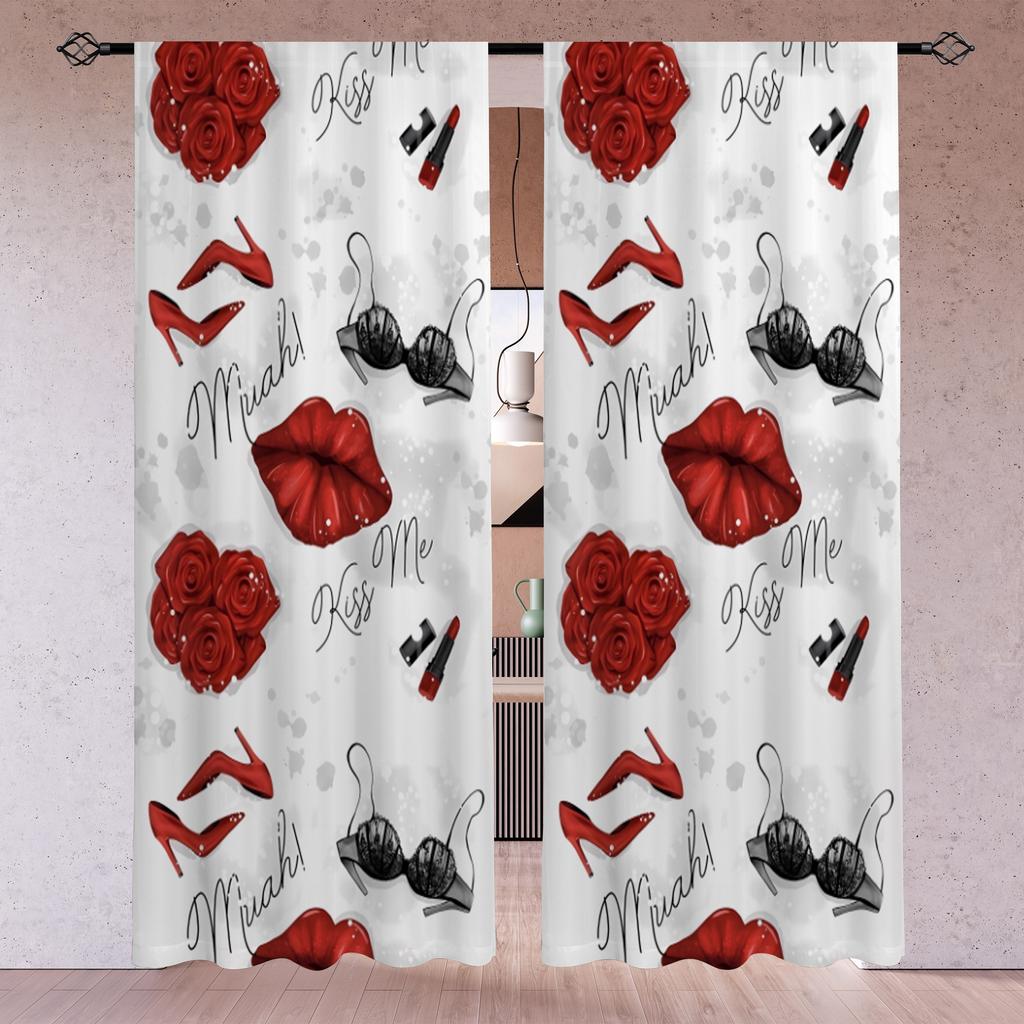 2 Panels 3D Digital Print Lovely Pink Red Glitter Eyelashes Eyes Rose Lips Girl Bedroom Thin Drapes Princess Living Room Window