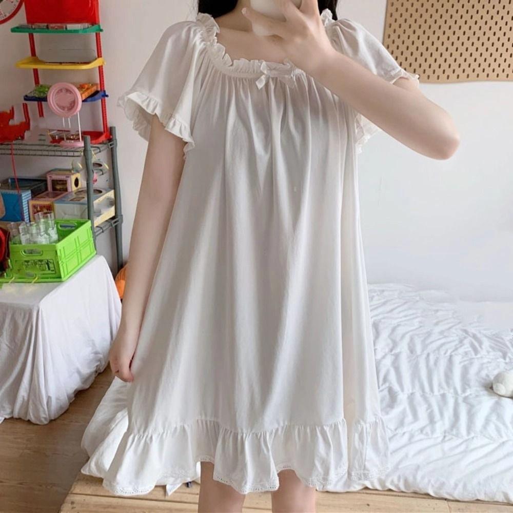 Short Sleeve Women's Pajama Dress Loose Princess Nightgown Elegant Ruffle Nightdress  Female