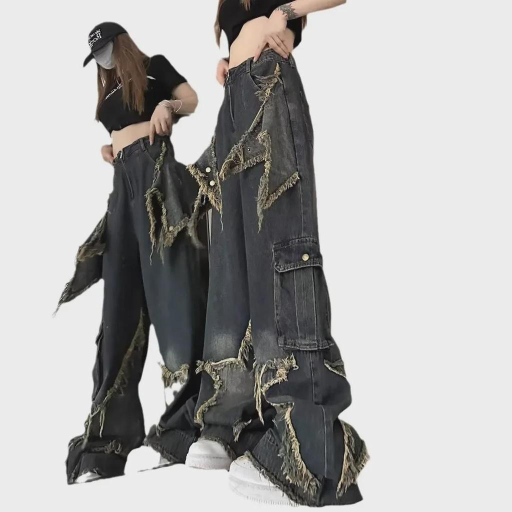 Women's Retro Loose Slim Jeans with Raw Edge - Spring Design, Wide Leg, Straight Trousers.