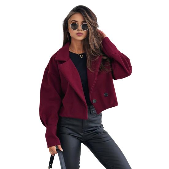 Women Fall Winter Coat Short Type Turn-down Collar Solid Color Loose Button Closure Cardigan OL Commuting Jacket Lady Daily Outwear