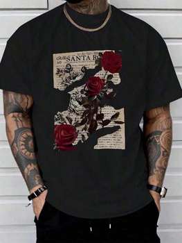 1 Piece Printed T-Shirt With Rose Newspaper Pattern, Casual Men's T-Shirt In Season, T-Shirt With Round Neck And C