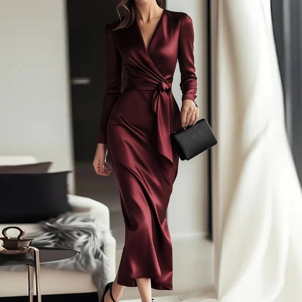 Женственное Модное Изящное - Платье с длинным рукавом однотонное с поясом