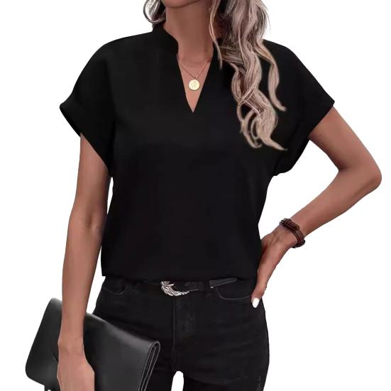 Women Summer Casual Shirt V-Neck Short Sleeve Loose Fit Pullover Tops Office Lady Simple Blouse Workwear