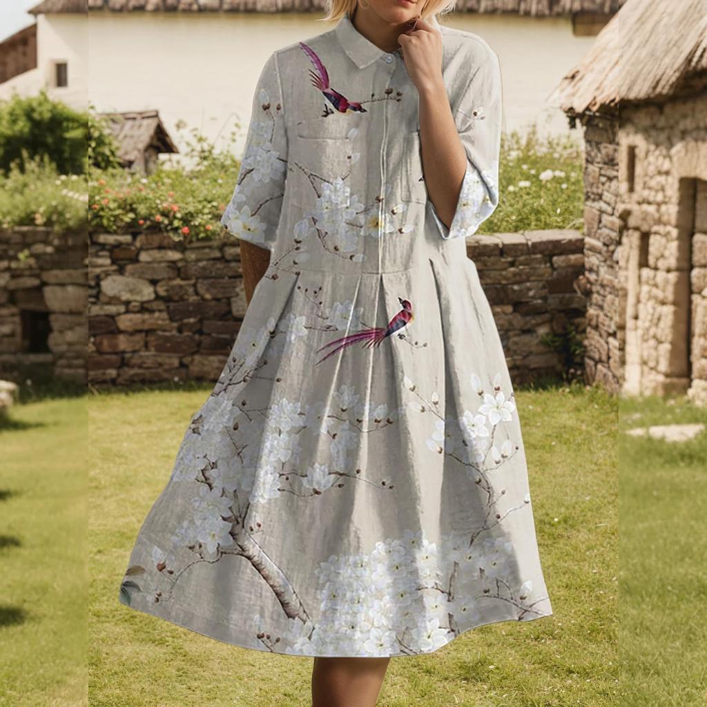 Dress For Women Elegant Casual Smocked Button Lapel Short Sleeve Knee Length Dress