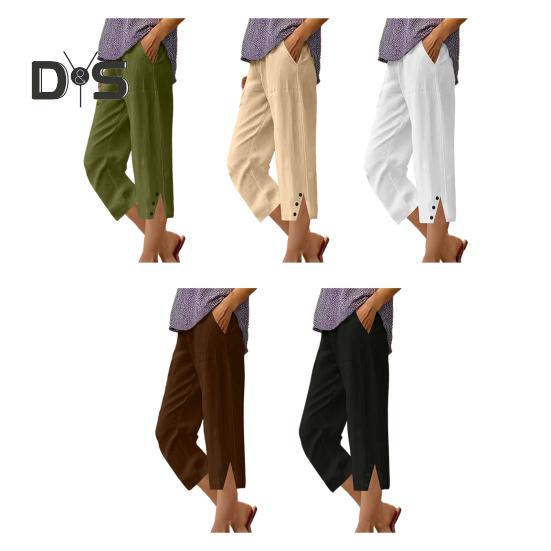 Женские укороченные брюки с эластичной талией, широкие пляжные брюки с карманами, однотонные повседневные брюки свободного кроя