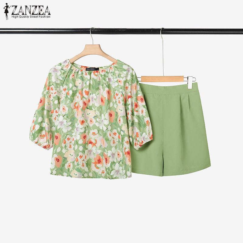 ZANZEA Женская блузка с коротким рукавом и шорты Летние костюмы-двойки с цветочным принтом