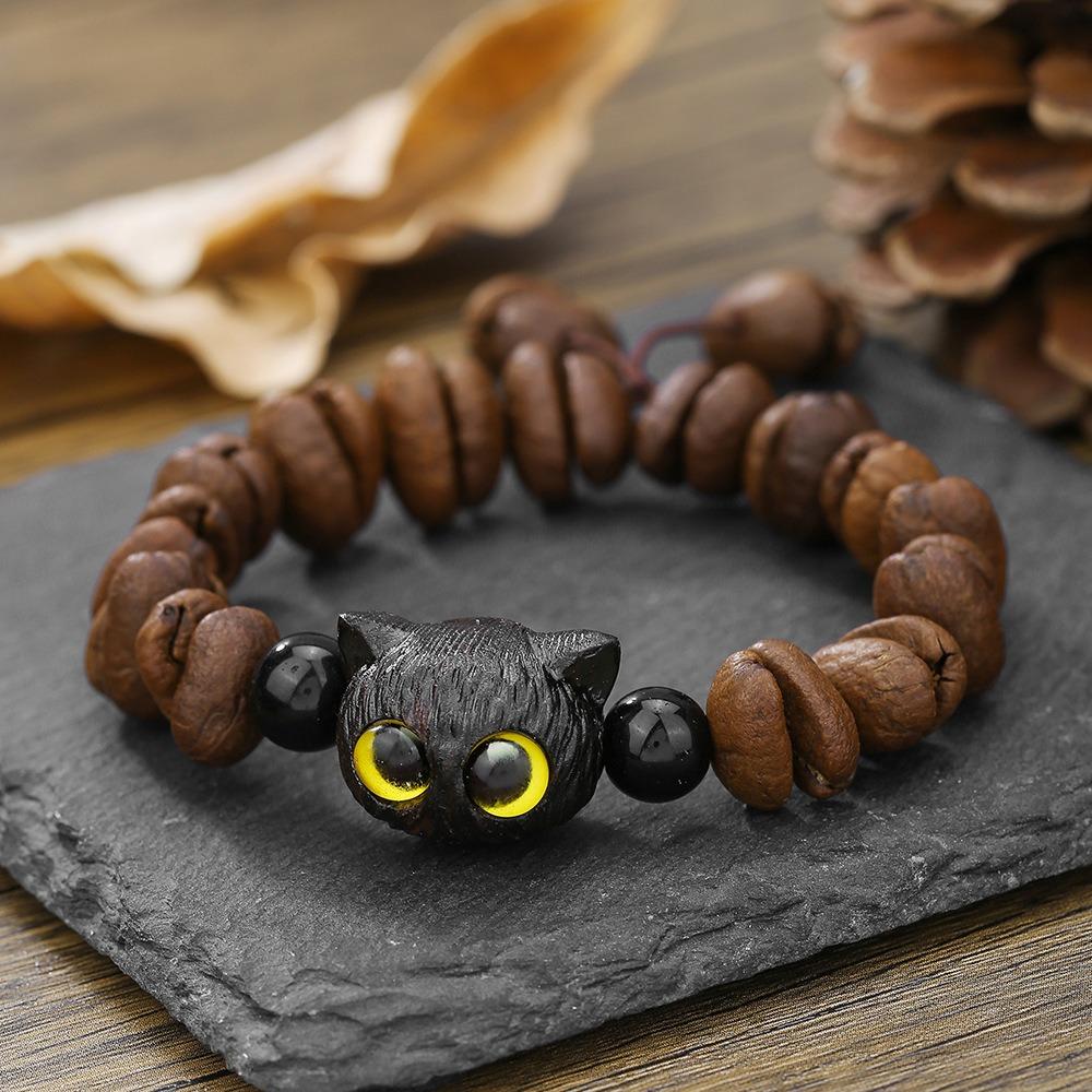Handmade Natural Real Coffee Bean Bracelet Elastic Sandalwood Coconut Chip Wood Splicing Woven Jewelry Bracelet for Women