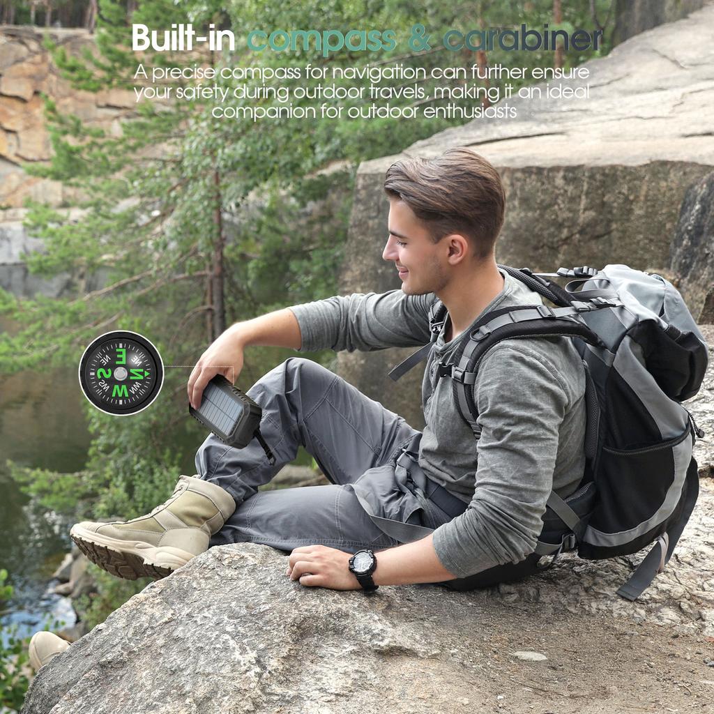 Солнечное зарядное устройство с ручным приводом емкостью 20000 мАч со встроенным кабелем, быстрой зарядкой и многофункциональным портативным внешним аккумулятором