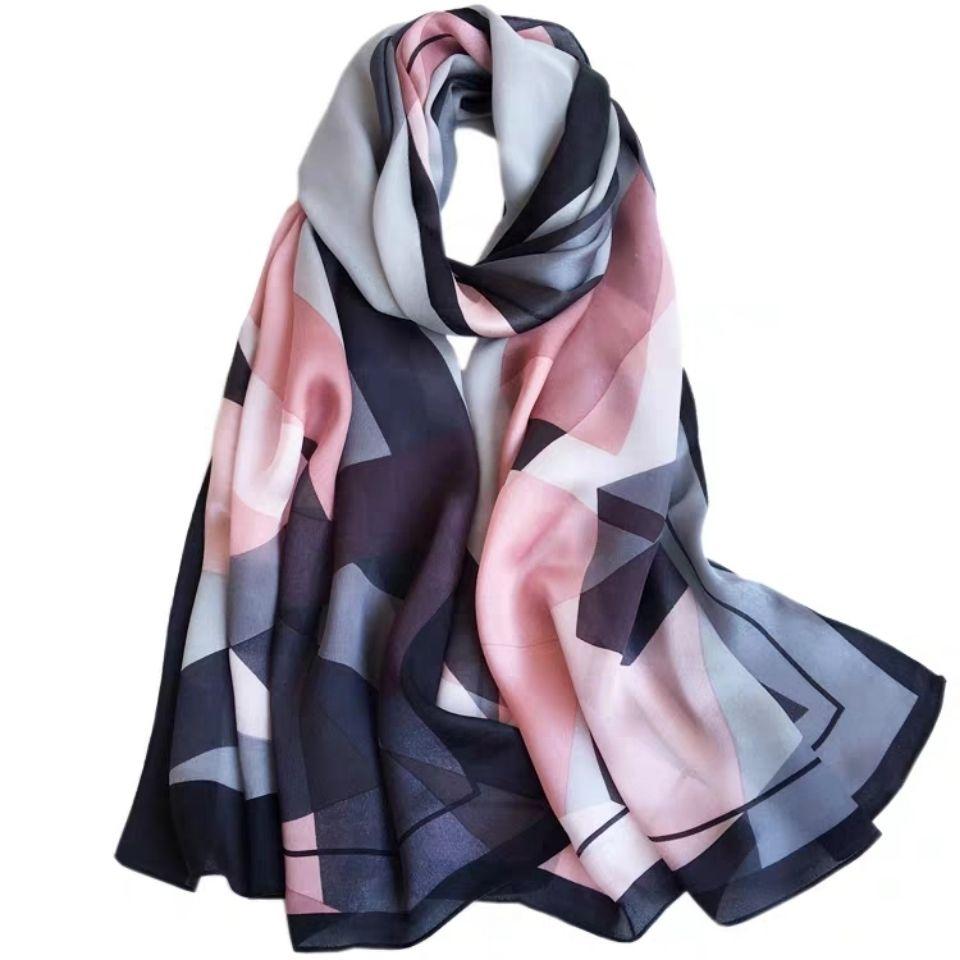 Women Colorful Geometric Elegant Chiffon Scarf Summer Beach Silk Feeling Travel Sun Protection Thin EMA