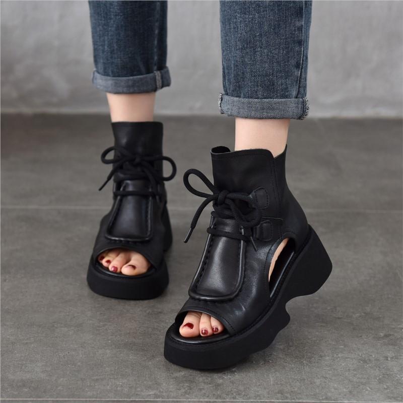 Johnature Женская обувь из натуральной кожи, римские сандалии, винтажные летние сапоги с застежкой-молнией сзади и открытым носком на толстой подошве