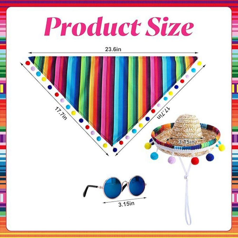 Adjustable Pet Hat Scarf Multicolor Mexican Style Striped Pet Triangle Scarf with Glasses Dog Bandanas