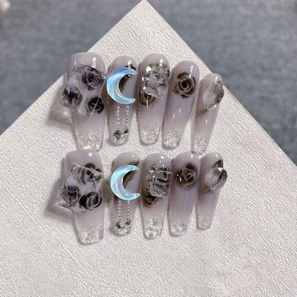 100% РУЧНАЯ РАБОТА Длинный набор накладных ногтей в форме гроба с клеем. Длинные измельченные ледяные голубые лунные ногти. Акриловые накладные ногти. Многоразовые накладные ногти.