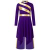 Girls Liturgical Dance Costume: Long Sleeve Mock Neck Metallic Patchwork Dress with Asymmetrical Hem & Wide-Leg Pants