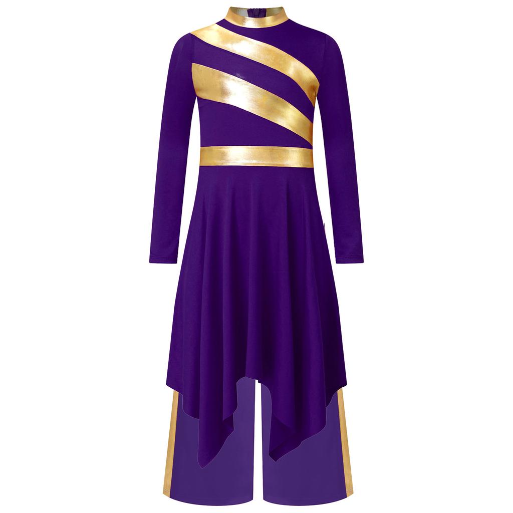 Girls Liturgical Dance Costume: Long Sleeve Mock Neck Metallic Patchwork Dress with Asymmetrical Hem & Wide-Leg Pants