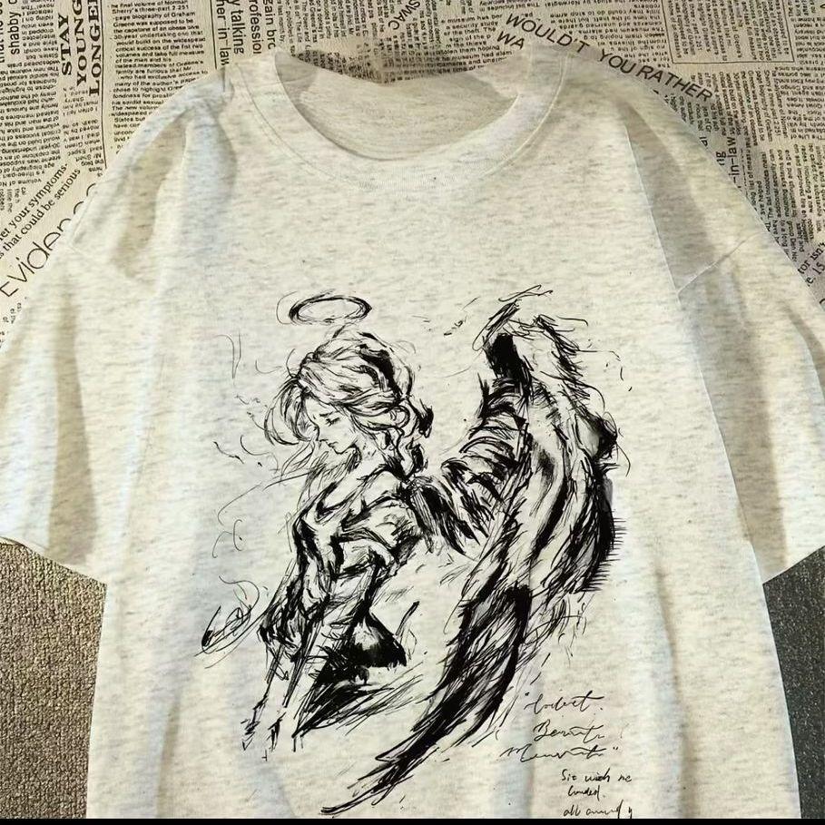 Ink Wash Angel And Demon Unisex Oversized Tshirt Dark Aesthetic Sketch Graphic Tee Casual Streetwear Cotton Top For Unisex Wounisex