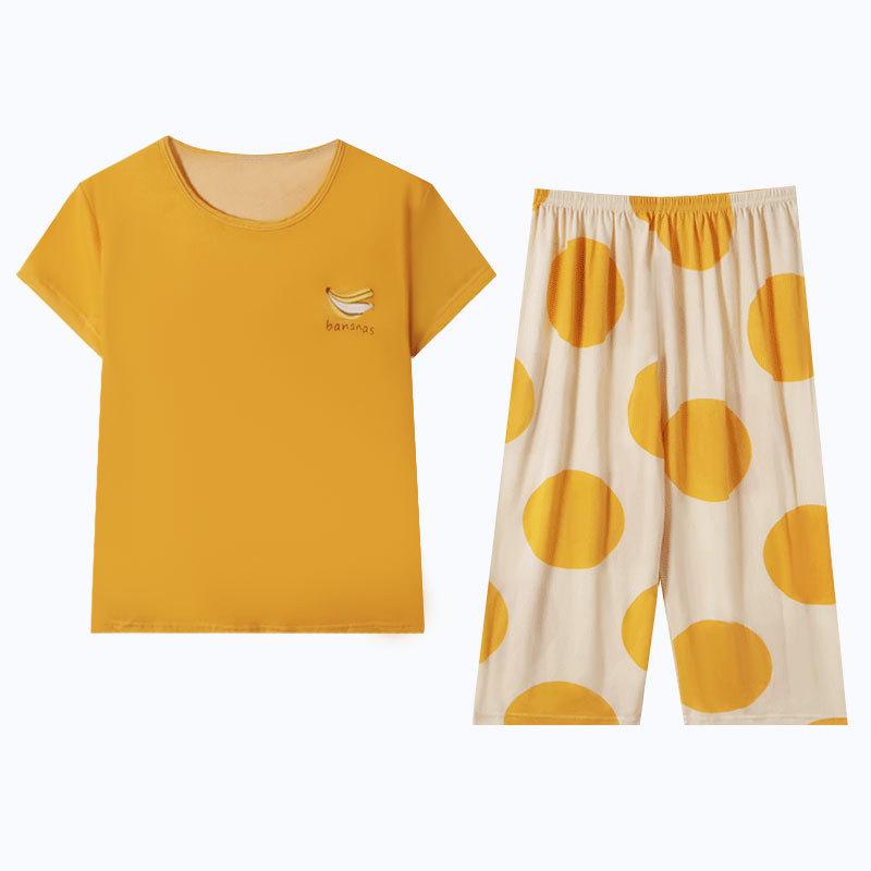 Женский летний пижамный комплект - Круглый вырез, Короткий рукав, Брюки длиной семь восьмых, Удобный повседневный костюм-двойка