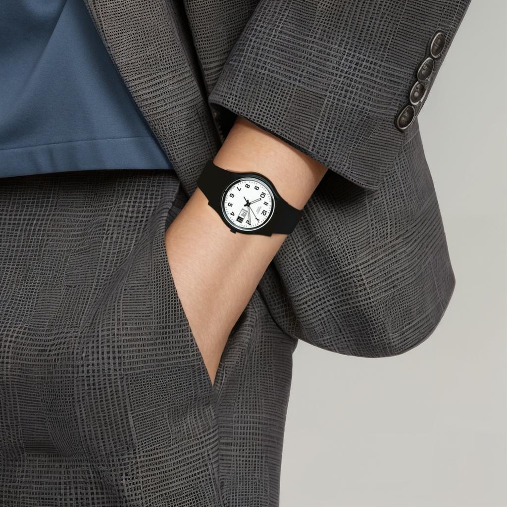 Swatch Серия Originals Кварцевый механизм Светящийся календарь Водонепроницаемость 30 м Часы 34 мм Белый циферблат Пластиковый корпус Пластиковый ремешок Унисекс часы GB743