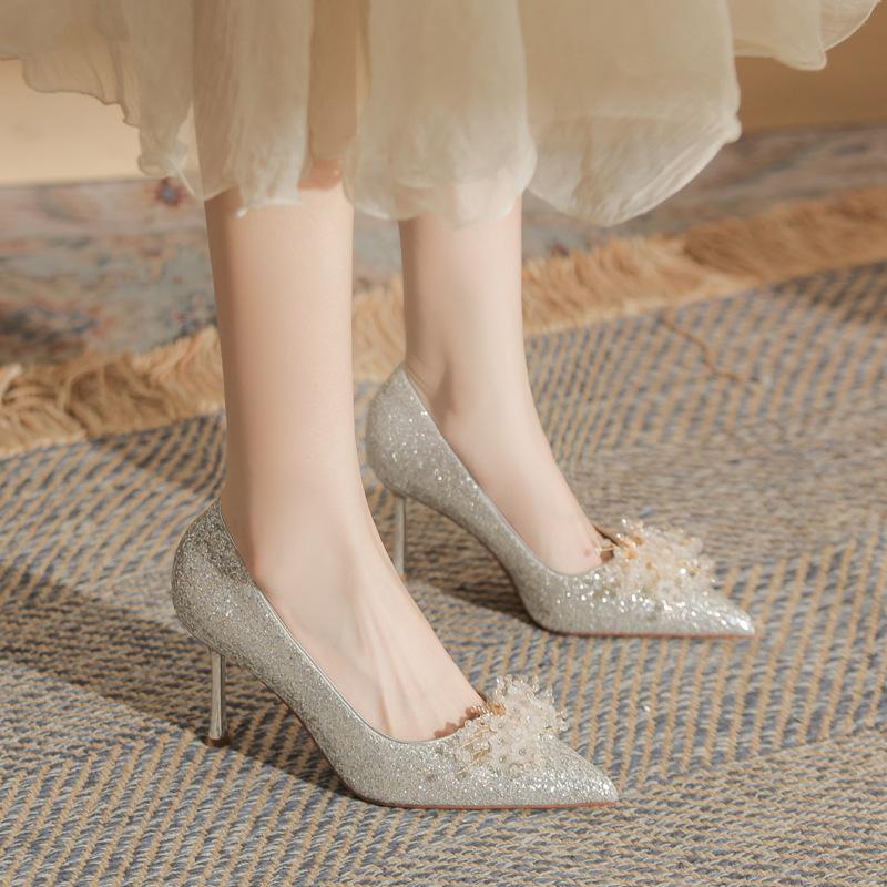 High Heels Are Not Tired of Feet, Silk Sequins, Flower Shoes, Thin Heels, Women's Shoes, Versatile Pointed Single Shoes, Sandals, Women's Summer