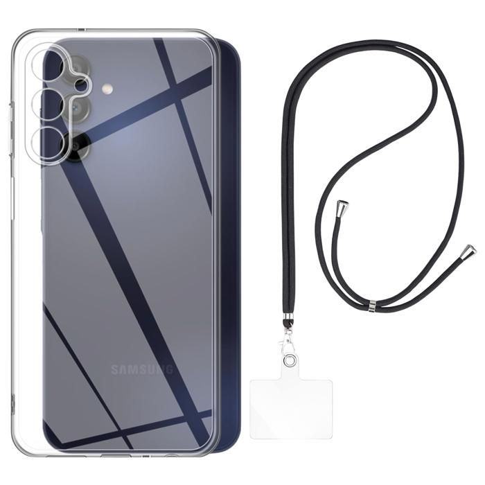 Coque et tour de cou pour Samsung Galaxy A15 - TPU Souple Transparent Cordon Noir réglable Phonillico®