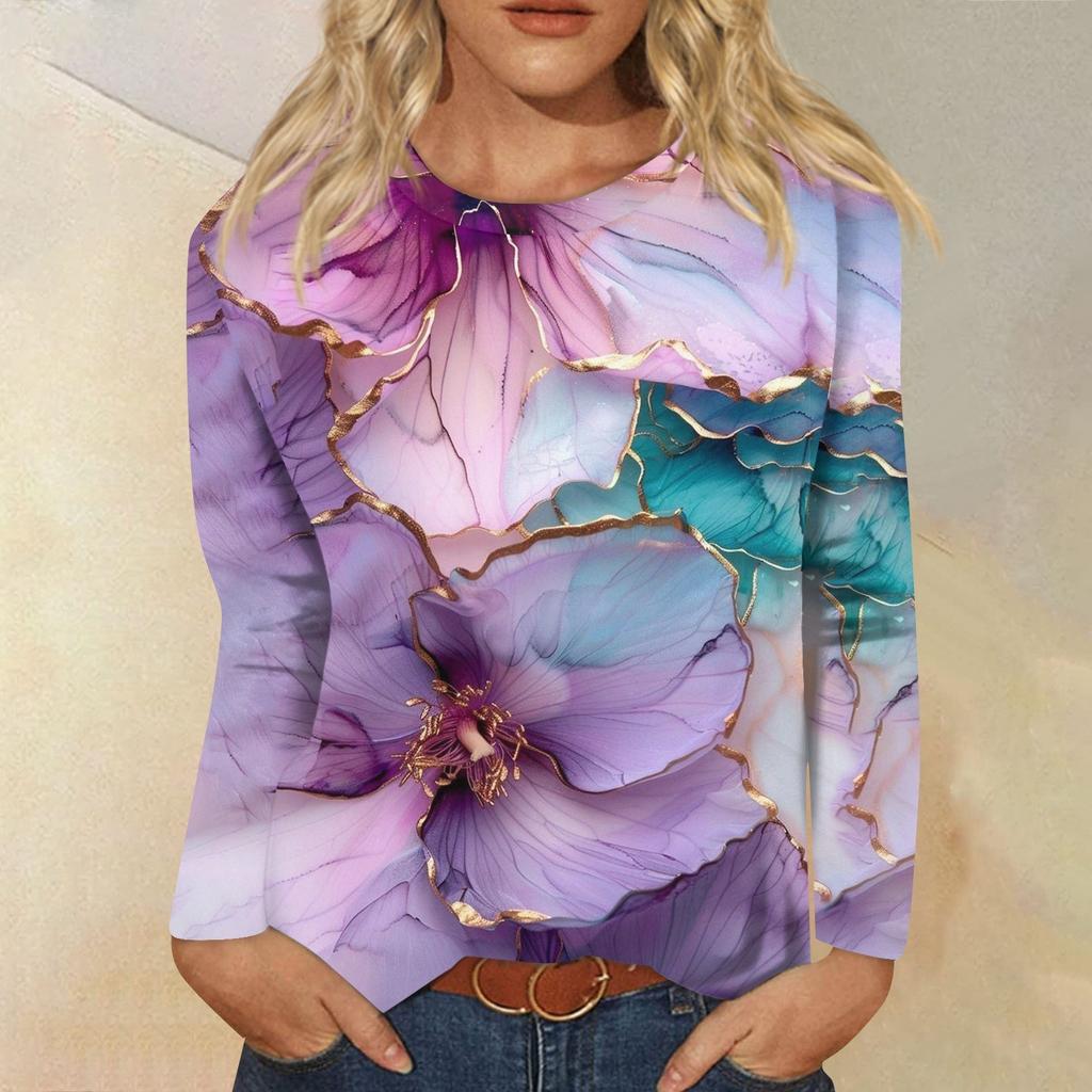 Women's Fashion Casual Long Sleeve  Print Round Neck Top