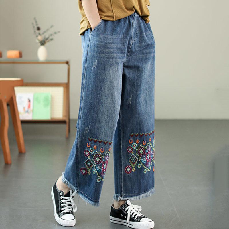 Винтажные свободные джинсовые брюки с вышивкой, женские свободные прямые джинсы с высокой талией, женские повседневные брюки с кисточками, весна-осень 2023, новинка